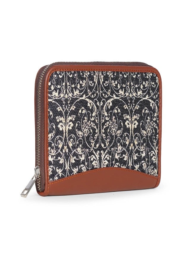 ZOUK حقيبة يد نسائية من زوك مصنوعة يدوياً من الجلد النباتي والجوت، مزينة بطبعة دانتيل هندي، مناسبة للهواتف المحمولة (أسود) - Image 1